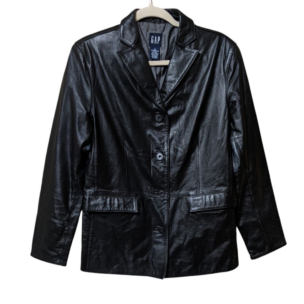 Gap black leather jacket Small button front flap pocket DIY Flying Monkeys Y2K
